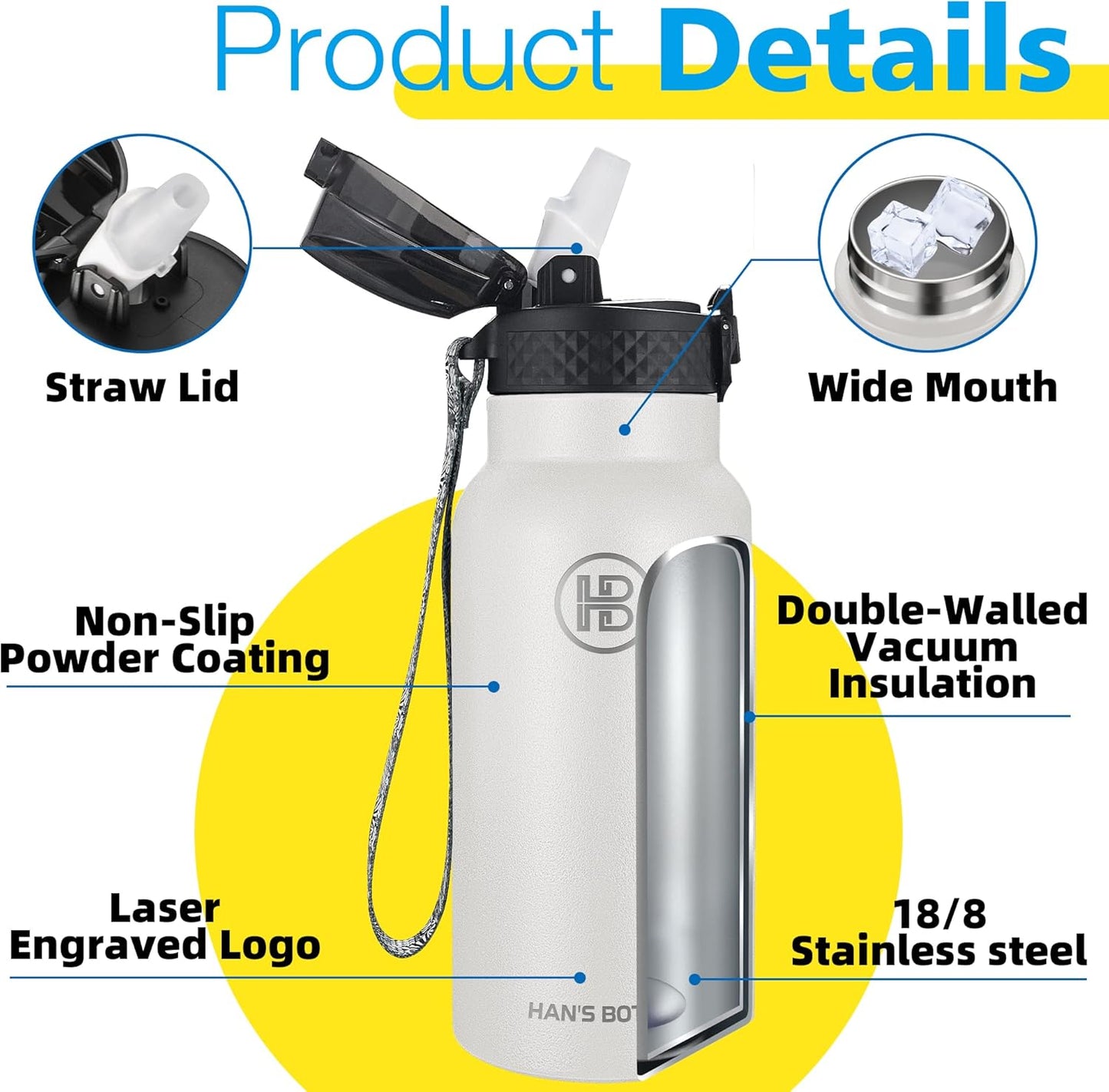 Han's Bottle Sports Water Bottle - 24 Oz, Straw Lid, Leak Proof, Vacuum Insulated Stainless Steel, Double Walled, Thermo Mug,Black