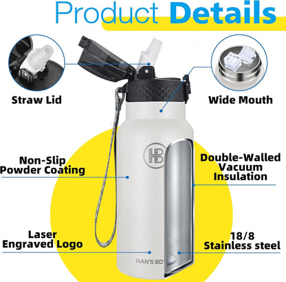 Han's Bottle Sports Water Bottle - 24 Oz, Straw Lid, Leak Proof, Vacuum Insulated Stainless Steel, Double Walled, Thermo Mug,Black