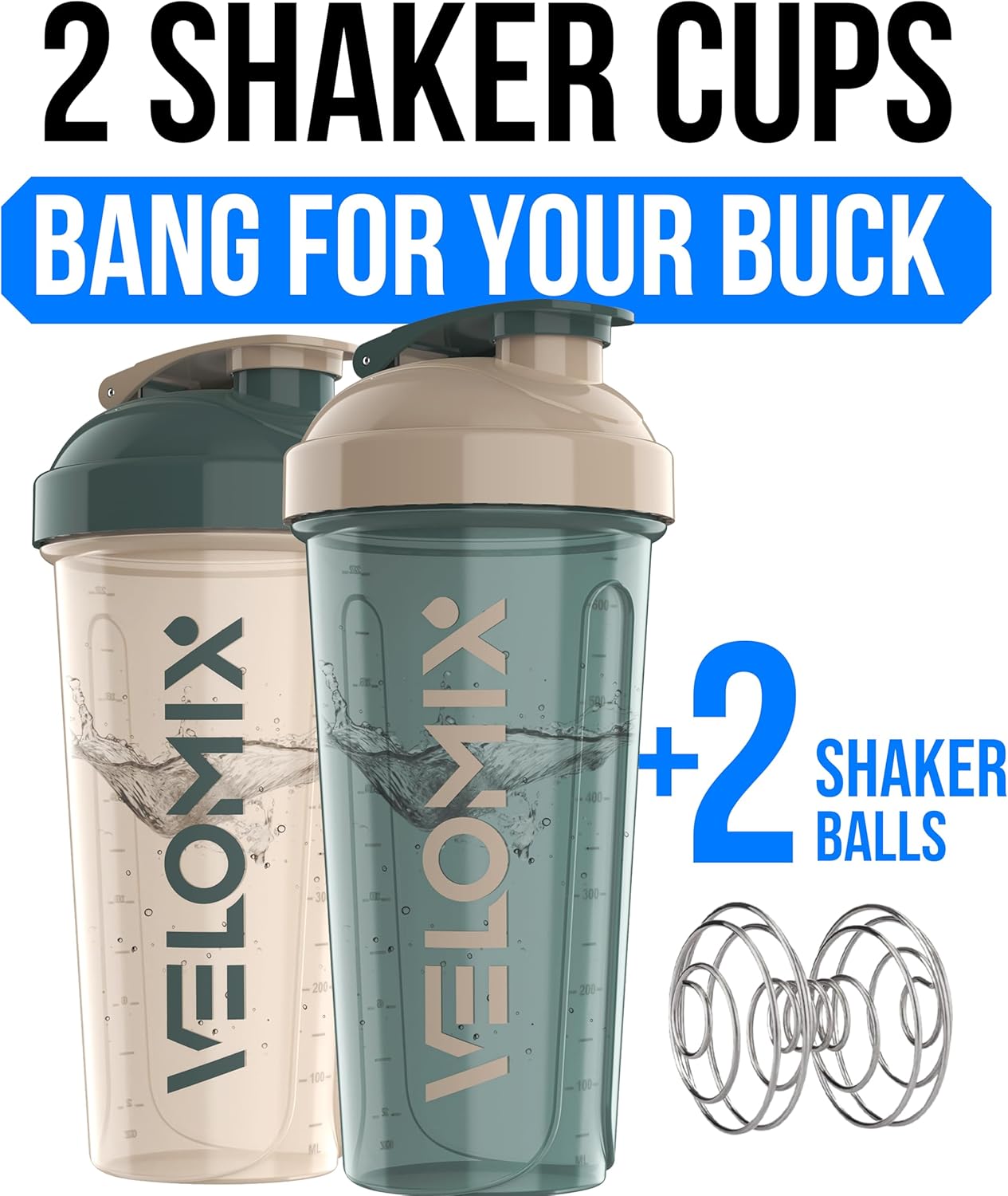 VELOMIX -2 Pack- 28 oz Protein Shaker Bottles for Protein Mixes - 2x Wire Whisk | Leak Proof Shaker Cups for Protein Shakes | Protein Shaker Bottle Pack (Black/Transparent)