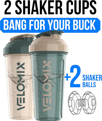 VELOMIX -2 Pack- 28 oz Protein Shaker Bottles for Protein Mixes - 2x Wire Whisk | Leak Proof Shaker Cups for Protein Shakes | Protein Shaker Bottle Pack (Black/Transparent)