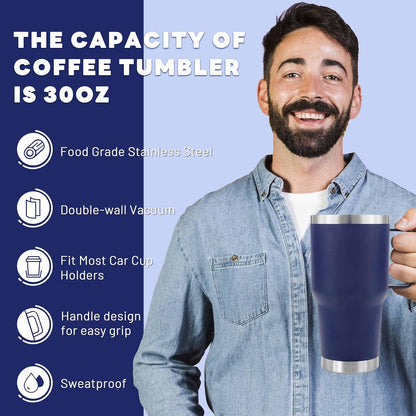 30 oz Tumbler With Handle, Double Wall Stainless Steel Vacuum Insulated Travel Mug with Splash-Proof Lid Metal Straw and Brush (Cream)