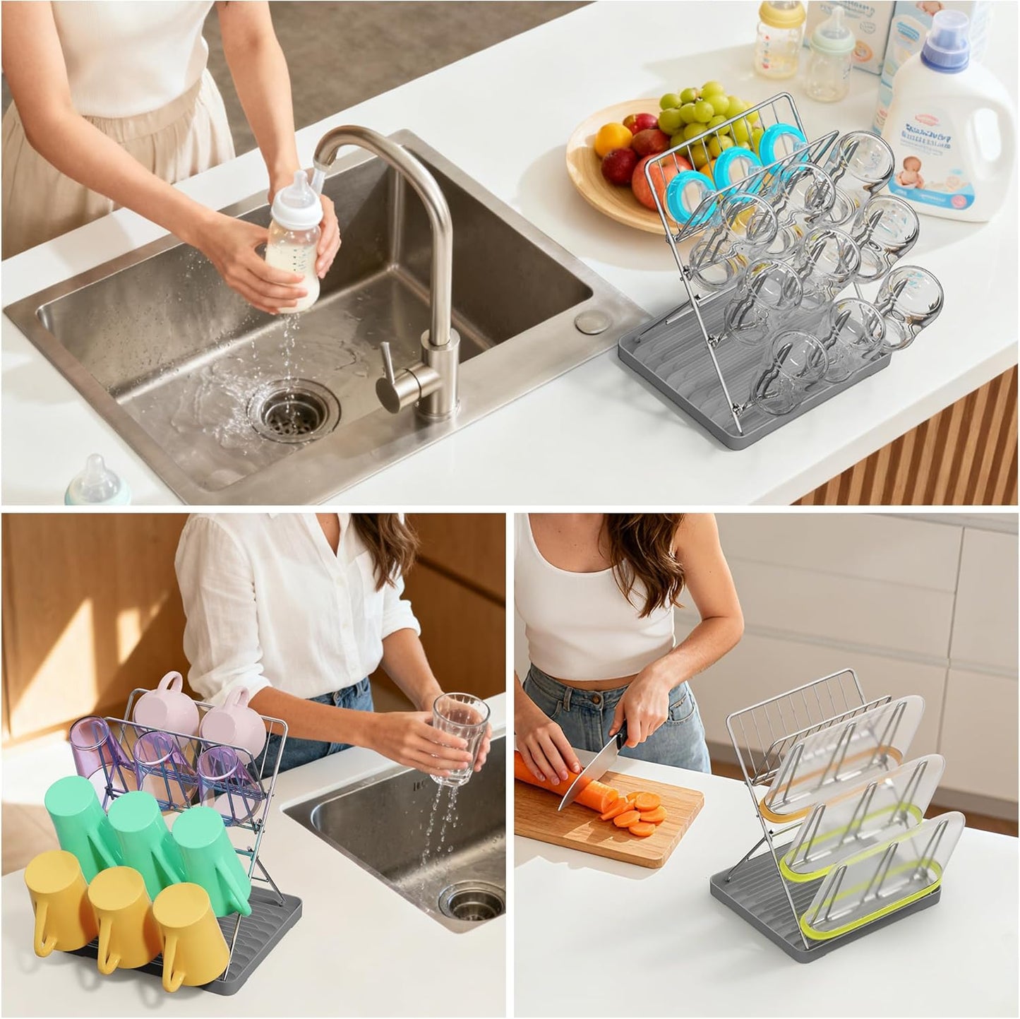 Vertical Baby Bottle Drying Rack, 9 Hooks Vertical Rack Dryer with Drainage Tray for Water Bottles, Drinking Glasses, Mugs, Cups, Foldable, Stainless Steel