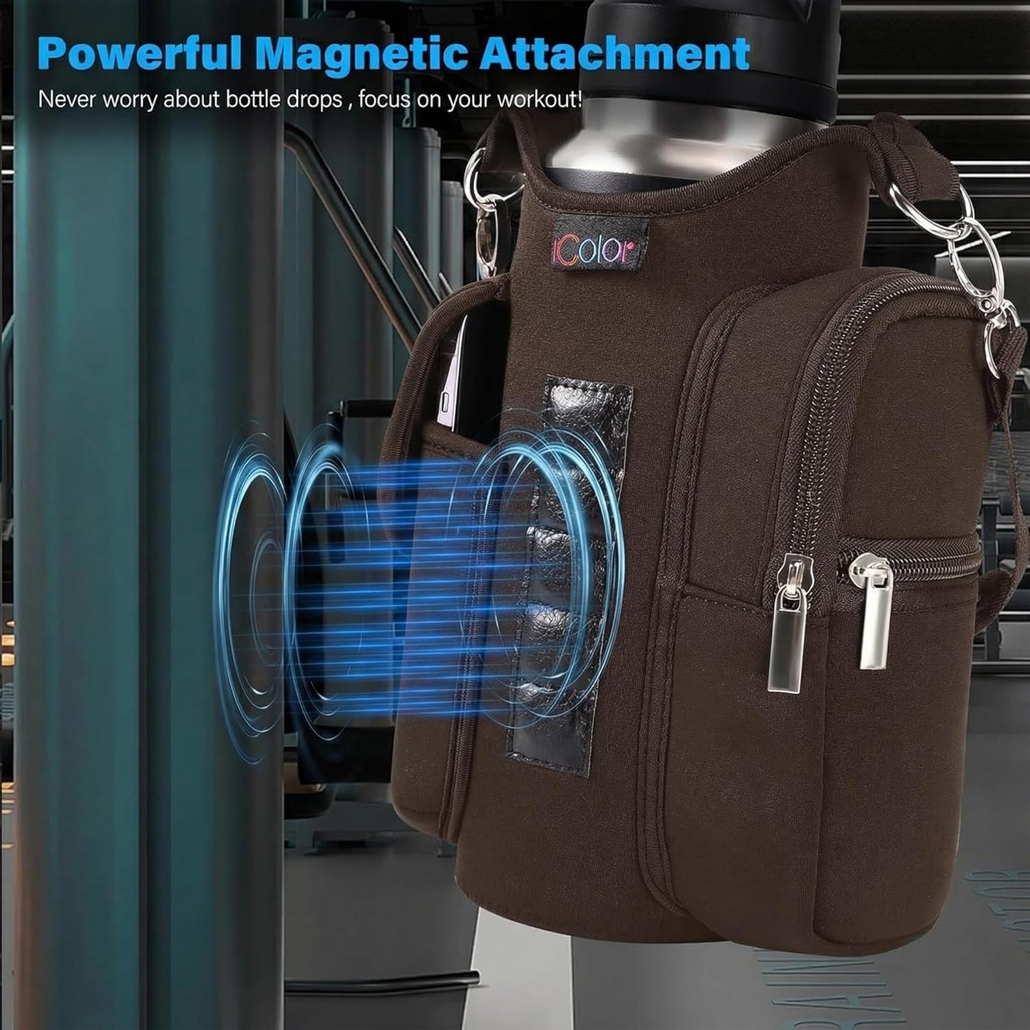 icolor Magnetic Gym Bag Water Bottle Carrier Holder with Phone Pockets & Shoulder Strap,Gym Magnetic Bag 5 Built-in Magnets Gym Accessories Organizer Sling Bottle Bag Pouch Sleeve