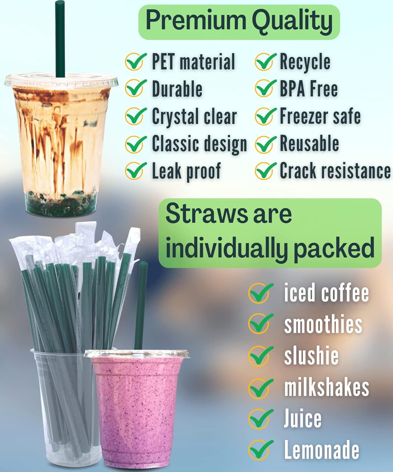 Cappatua 20 oz Clear Plastic Cups with Lids and STRAWS, Disposable Drinking Cups for Cold Drinks, Iced Coffee, Milkshakes, Smoothies, 25 Sets