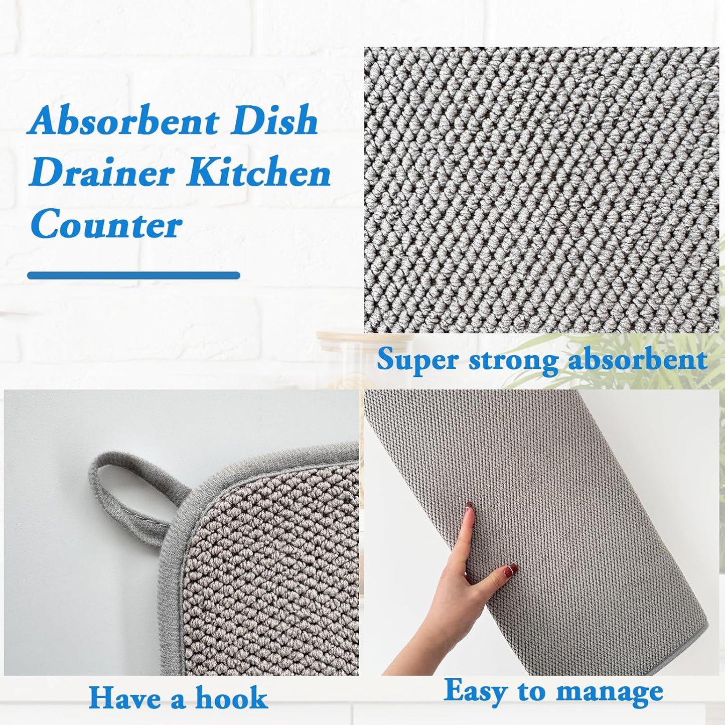 2 Pack Microfiber Dish Drying Mat,24*17 inch Absorbent Dish Drainer Kitchen Counter,Large Size Dish Drying Pad for Countertops,Sinks,Draining Racks(Gray)