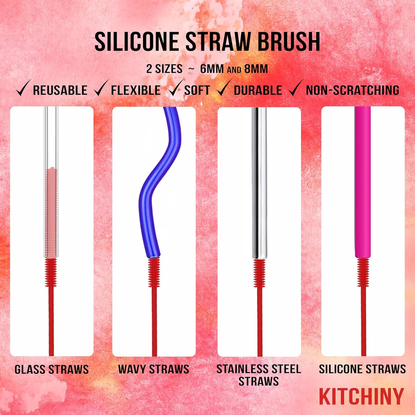 Kitchiny Silicone Bottle Brush with 2 Straw Cleaners - 12.5” Water Bottle Cleaner Brush for Yeti, Hydro Flask, Owala, Stanley, Baby Bottles, Glassware, Vases & Narrow Neck Containers - Orange