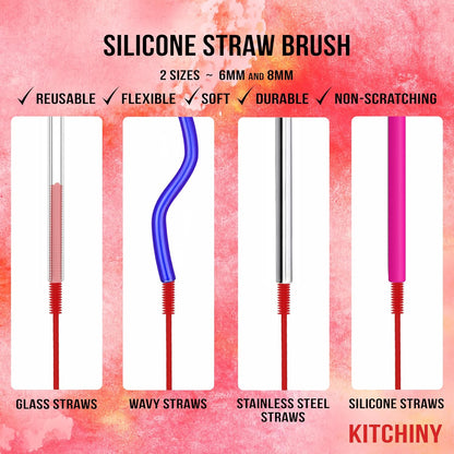 Kitchiny Silicone Bottle Brush with 2 Straw Cleaners - 12.5” Water Bottle Cleaner Brush for Yeti, Hydro Flask, Owala, Stanley, Baby Bottles, Glassware, Vases & Narrow Neck Containers - Orange