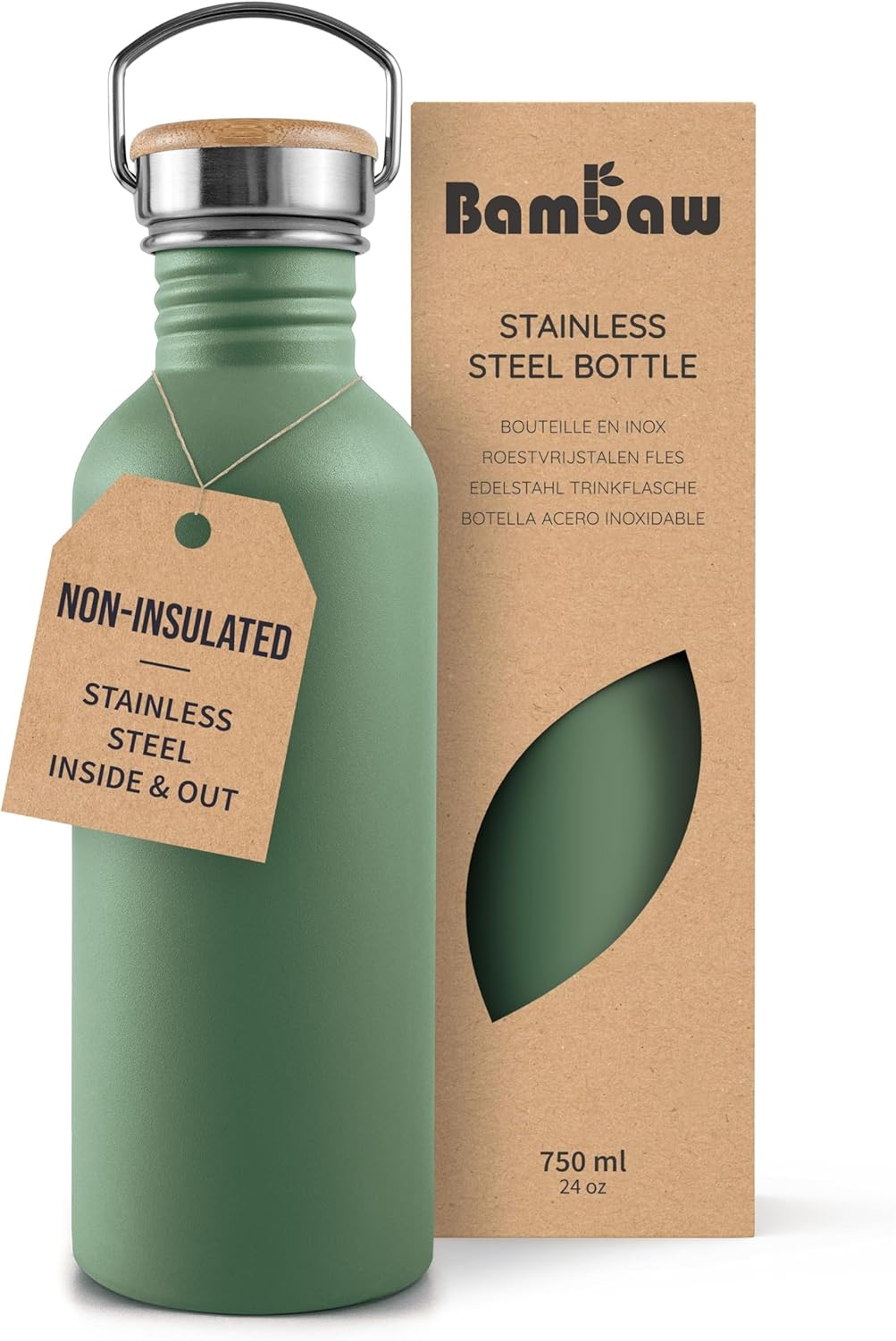 Bambaw Stainless Steel Water Bottles 32 oz, Non-insulated Single Wall Metal Water Bottle Stainless Steel, Reusable & Eco Friendly, Dishwasher Safe – Silver | Non-insulated