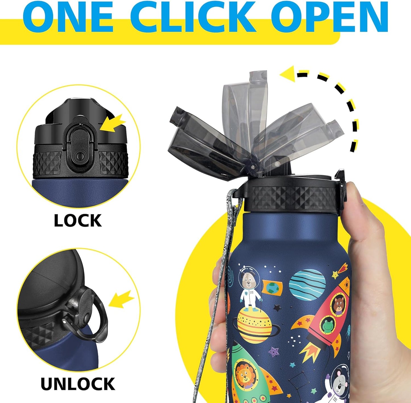 Han's Bottle Sports Water Bottle - 24 Oz, Straw Lid, Leak Proof, Vacuum Insulated Stainless Steel, Double Walled, Thermo Mug,Black
