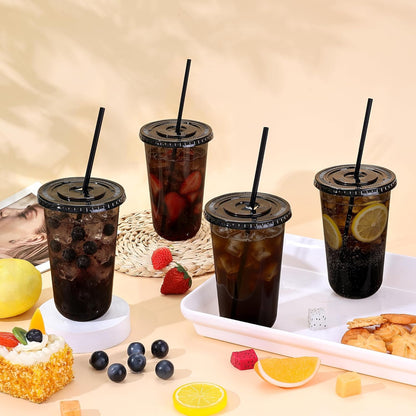 tchrules 100 Set 16oz Plastic Cups with Lids and Straws, Disposable Clear Iced Coffee Cup with Lid, Round Bottom Plastic To Go Cups for Cold Drinks Slushie Smoothie Lemonade Matcha Party Shop Supplies
