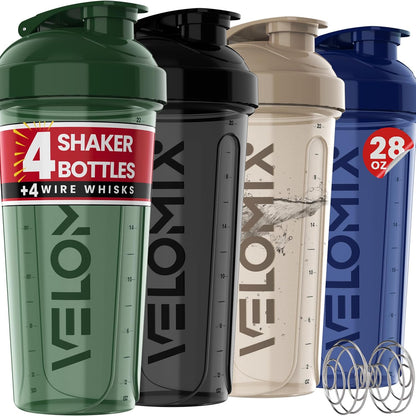 VELOMIX -4 PACK 28 Oz Protein Shaker Bottle for Protein Mixes - 4x Wire Whisk | Leak Proof Shaker Cups for Protein Shakes | Large, Stackable Protein Shaker Bottles Pack | Dishwasher Safe (Aqua Depths)