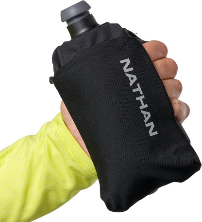 Nathan SpeedDraw 2 Insulated Handheld Running Water Bottle Flask 18oz – Double-Wall Insulation, Ergonomic Grip, Blast Valve Cap, Phone & Key Storage Pockets, Reflective Design