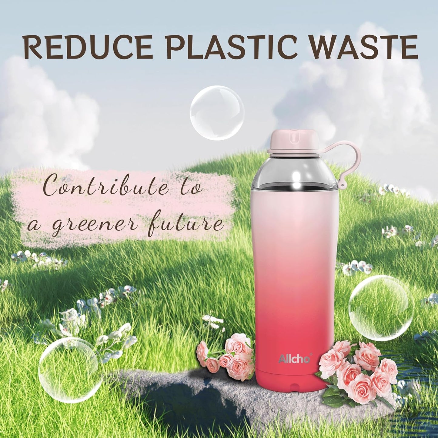 Allcho Insulated Water Bottle for Women, 18oz Stainless Steel Leak Proof Tumbler with 2 Lids, BPA-Free Tritan Chug & Straw Lid, Double Wall Vacuum Flask