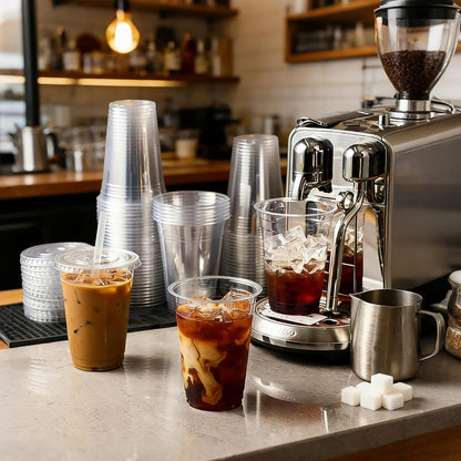 Ginkgo 32 oz Clear Plastic Cups with Lids and Jumbo Straws, Disposable To Go Iced Coffee Cups for Smoothie, Boba Milk Tea - 50 Pack