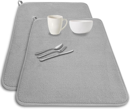 2 Pack Microfiber Dish Drying Mat,24*17 inch Absorbent Dish Drainer Kitchen Counter,Large Size Dish Drying Pad for Countertops,Sinks,Draining Racks(Gray)