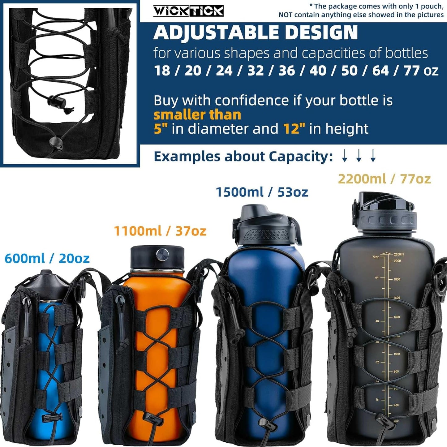 WICKTICK Molle Water Bottle Holder Pouch 16 24 32 40 64 oz - Multi-Purpose Tactical Fuel Bottle Bag, Adjustable Size for Outdoor Activities, Adapted to Backpack/Vest/Belt