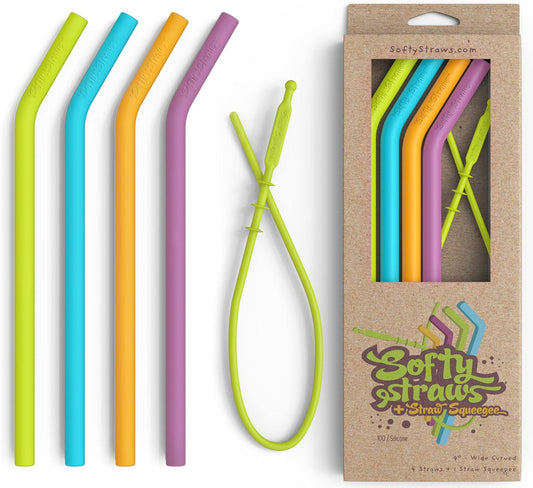 Softy Straws Premium Reusable Stainless Steel Drinking Straws With Silicone Tips + Patented Straw Cleaners and Carrying Case - 9” Long Metal With Curved Bend for 20/30/32oz Tumblers