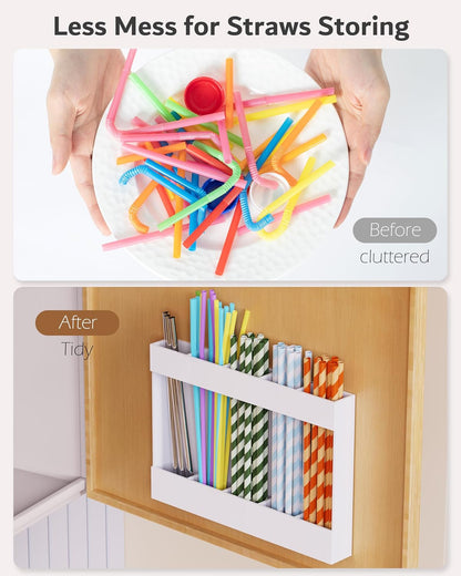 Upgraded 9.5'' Large Acrylic Straw Holder for Cabinet Door, Adjustable Space-Saving Straw Organizer Storage Dispenser for Cabinet with Ultra Sticky Adhesive Strips, 2-Part Rack, Drainage Holes
