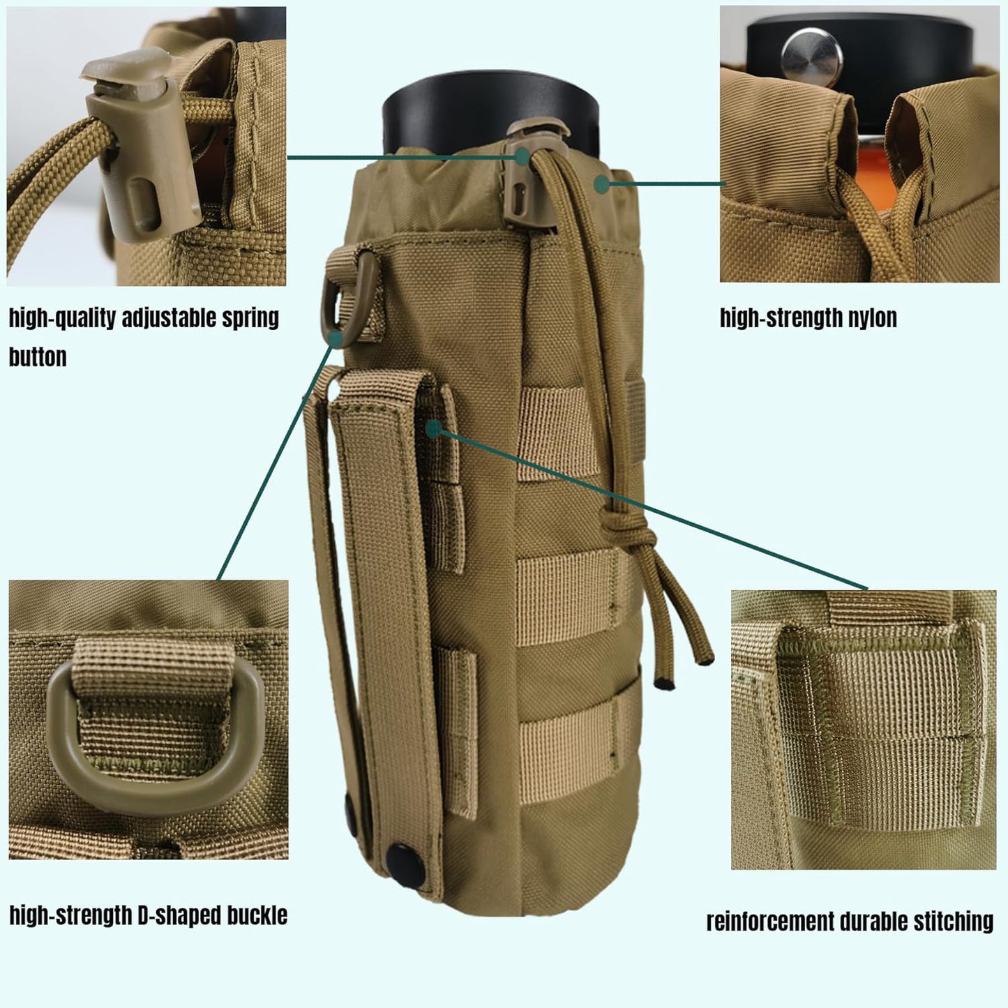 Tactical MOLLE Water Bottle Holder, Upgraded Water Bottle Pouch with Drawstring Open Top & Mesh Bottom, 16/24/25/32oz Water Bottle Carrier Bag with D-Ring Hook for Backpack