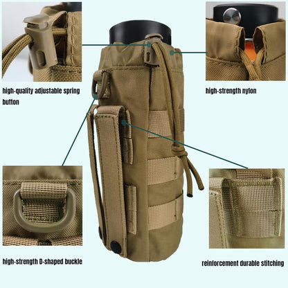 Tactical MOLLE Water Bottle Holder, Upgraded Water Bottle Pouch with Drawstring Open Top & Mesh Bottom, 16/24/25/32oz Water Bottle Carrier Bag with D-Ring Hook for Backpack