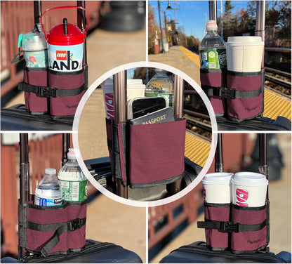 Perilogics Luggage Travel Cup Holder Hands Free Drink Caddy for Suitcase Handle. Perfect Airplane Travel Essential Accessory Gift for Frequent Traveler, Flight Attendant or with Children (Dark Gray)