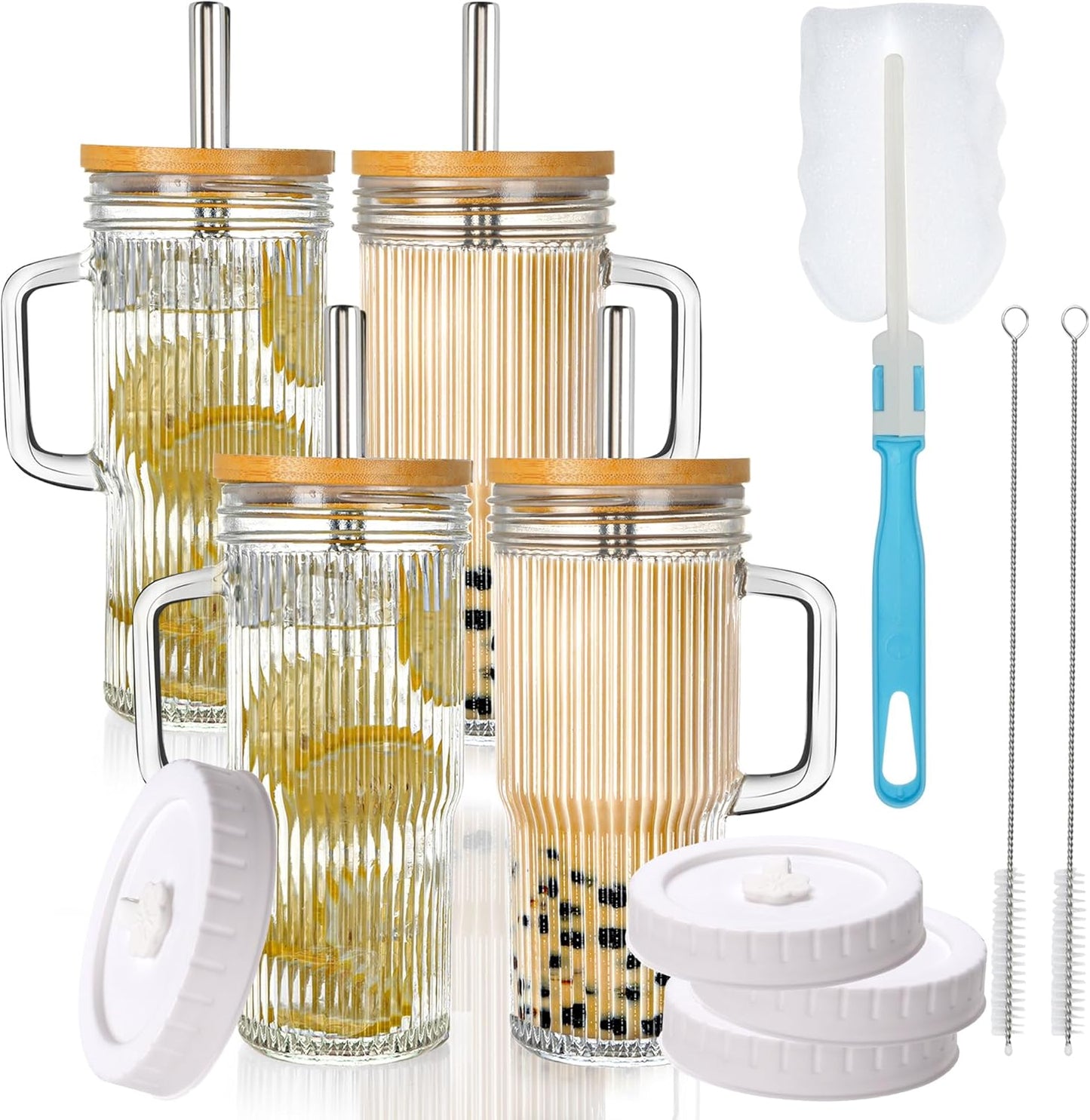 2Pack 40OZ Glass Tumbler with Handle,Glass Cup with Lid and Straw,Reusable Glass Iced Coffee Cup for Beer, Smoothies, Juice,Hot/Cold Drinks-Suitable for Birthday,Wedding