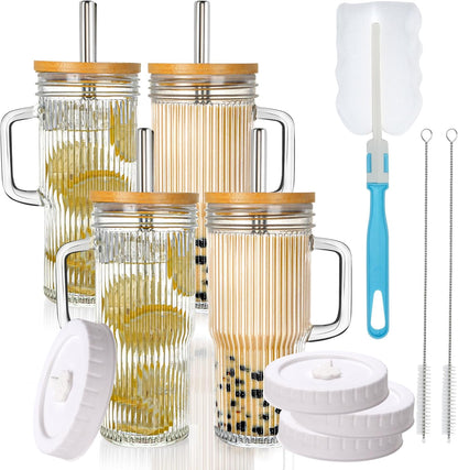 2Pack 40OZ Glass Tumbler with Handle,Glass Cup with Lid and Straw,Reusable Glass Iced Coffee Cup for Beer, Smoothies, Juice,Hot/Cold Drinks-Suitable for Birthday,Wedding