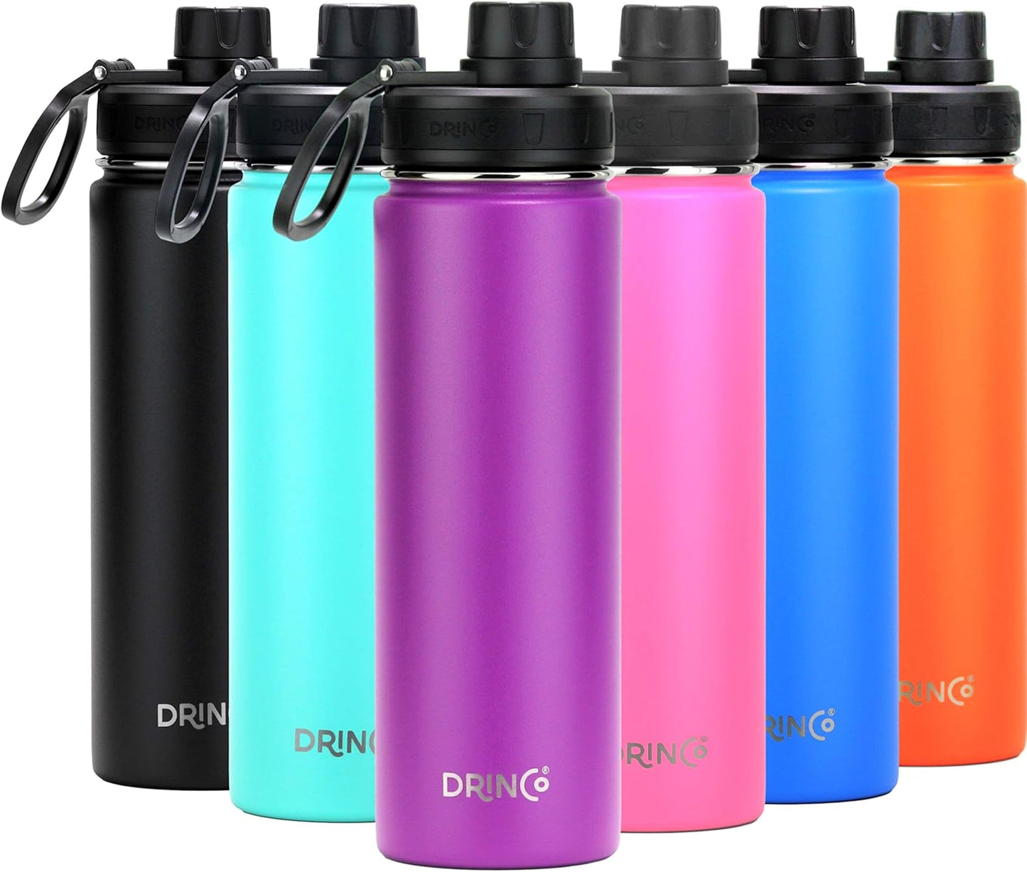 Drinco Stainless Steel Water Bottle Spout Lid Vacuum Insulated Double Wall Water Bottle Wide Mouth (40oz 32oz 22oz 18oz 14oz) Leak Proof Keep Cold Sport Camping Hiking (22 oz, 22oz Black)