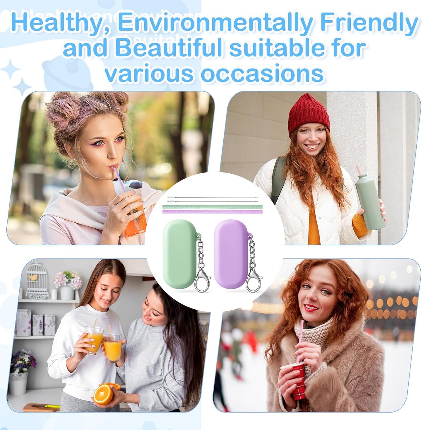 4 Set Portable Straw,Reusable Straws Silicone with Case Silicone Portable Drinking travel Straw Set for Party Travel Cold or Hot with 4 Cleaning Brushes (Purple,Pink,Green, Blue）