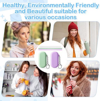 4 Set Portable Straw,Reusable Straws Silicone with Case Silicone Portable Drinking travel Straw Set for Party Travel Cold or Hot with 4 Cleaning Brushes (Purple,Pink,Green, Blue）