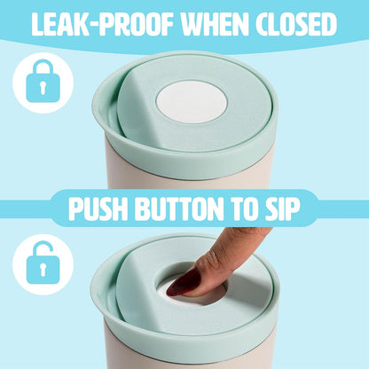 Tasty 12oz Insulated Stainless Steel Push Mug, Leak-Proof Lid with One-Hand Open/Close Button, Travel Coffee Cup, Double Wall Vacuum Flask, Aqua Blue