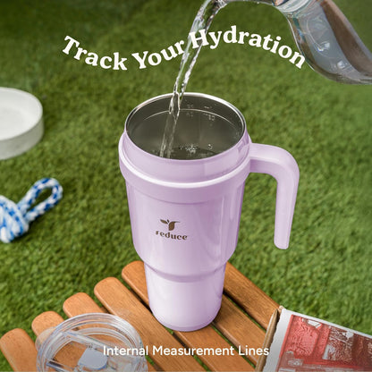 REDUCE 24 oz Stainless Steel Tumbler with Handle - Dual-Wall Vacuum Insulated Travel Mug, Sweat-Proof Lid & Reusable Straw - Keeps Drinks Cold for 24 Hrs, Fits Cupholders, Dishwasher Safe - Lilac Bud