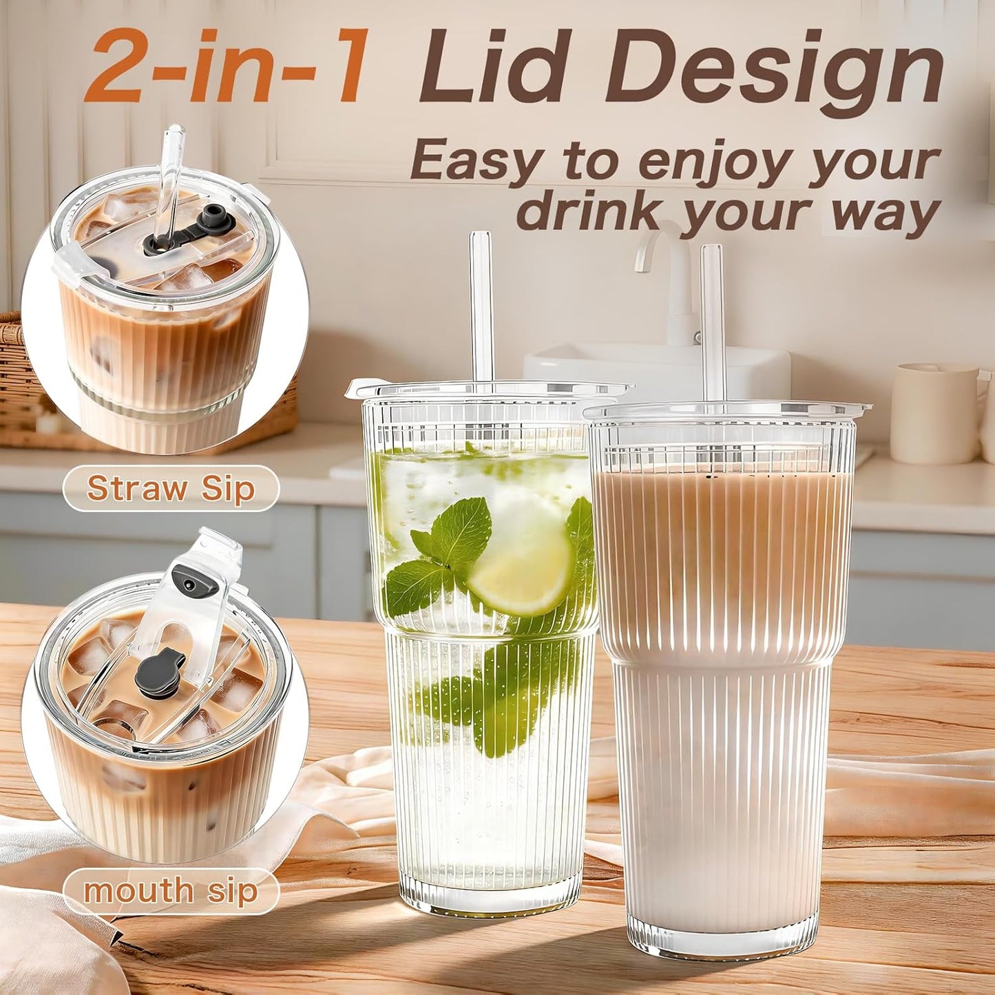 Clear Iced Coffee Cups with Lids - 4 Pack, 20oz Reusable Glass Cups with Lids and Straws, Drinking Tumblers for Cocktail Beer, Juice, Smoothie, Coffee Bar, Housewarming Gifts - Dishwasher Safe