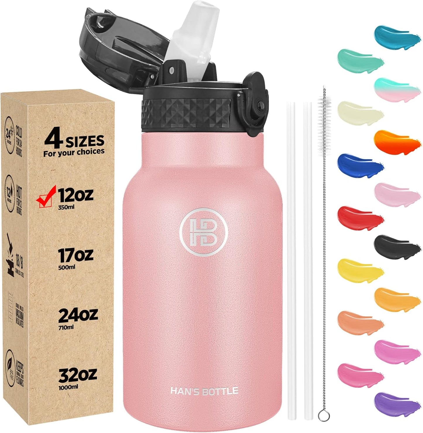 Han's Bottle Sports Water Bottle - 24 Oz, Straw Lid, Leak Proof, Vacuum Insulated Stainless Steel, Double Walled, Thermo Mug,Black