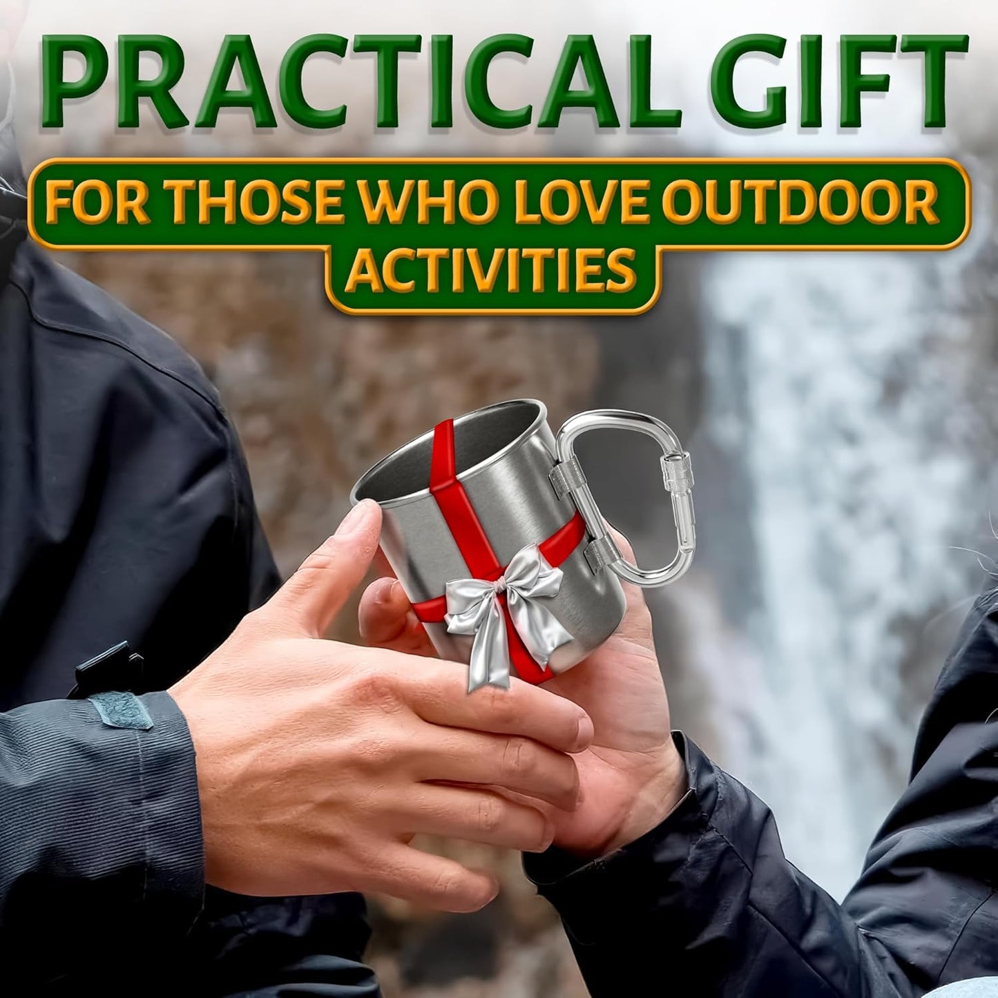 13.5 Oz Camping Mug with Carabiner Handle - Clip-On & Lightweight Design, Stainless Steel Camping Cup for Backpacking, Hiking & Travel - Packable Metal Coffee Mug for Hot & Cold Tea, Soup & Cocoa