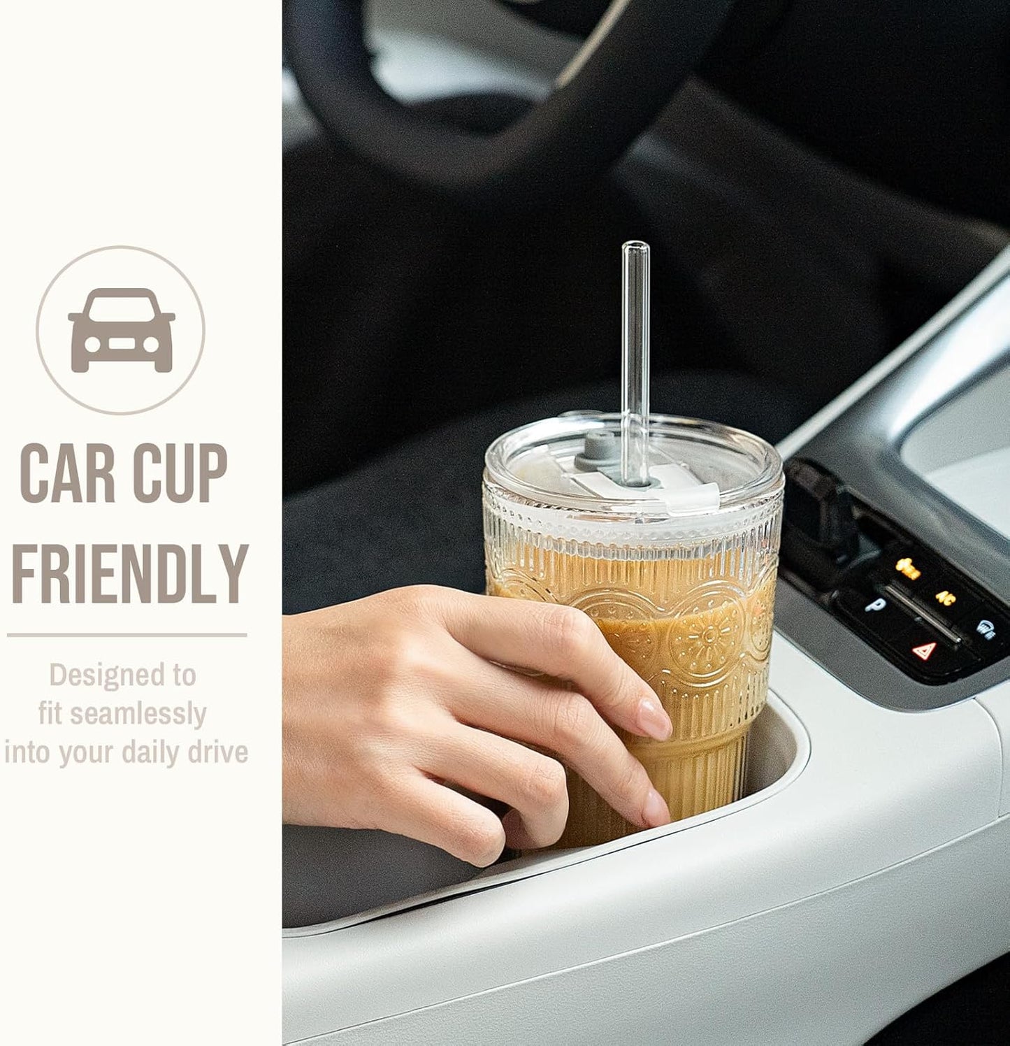 SoulTimes 20oz Ribbed & Floral Glass Tumbler Set of 2 – Reusable Glass Cups with Lid and Glass Straw, Iced Coffee Cups for Water, Smoothie, Milk, Cocktail & More – Perfect for Daily Use & Travel