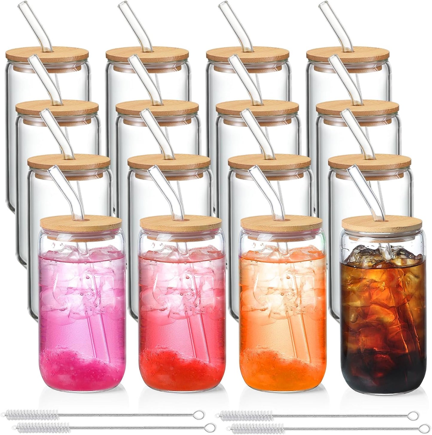 Drinking Glasses with Bamboo Lids and Glass Straw 4pcs Set - 16oz Glass Cups, Iced Coffee Glasses, Cute iced Tea Glasses, Beer Glasses, Ideal for Coffee Bar Accessories, Aesthetic Gift - 2 Brushes