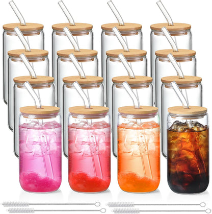 Drinking Glasses with Bamboo Lids and Glass Straw 4pcs Set - 16oz Glass Cups, Iced Coffee Glasses, Cute iced Tea Glasses, Beer Glasses, Ideal for Coffee Bar Accessories, Aesthetic Gift - 2 Brushes