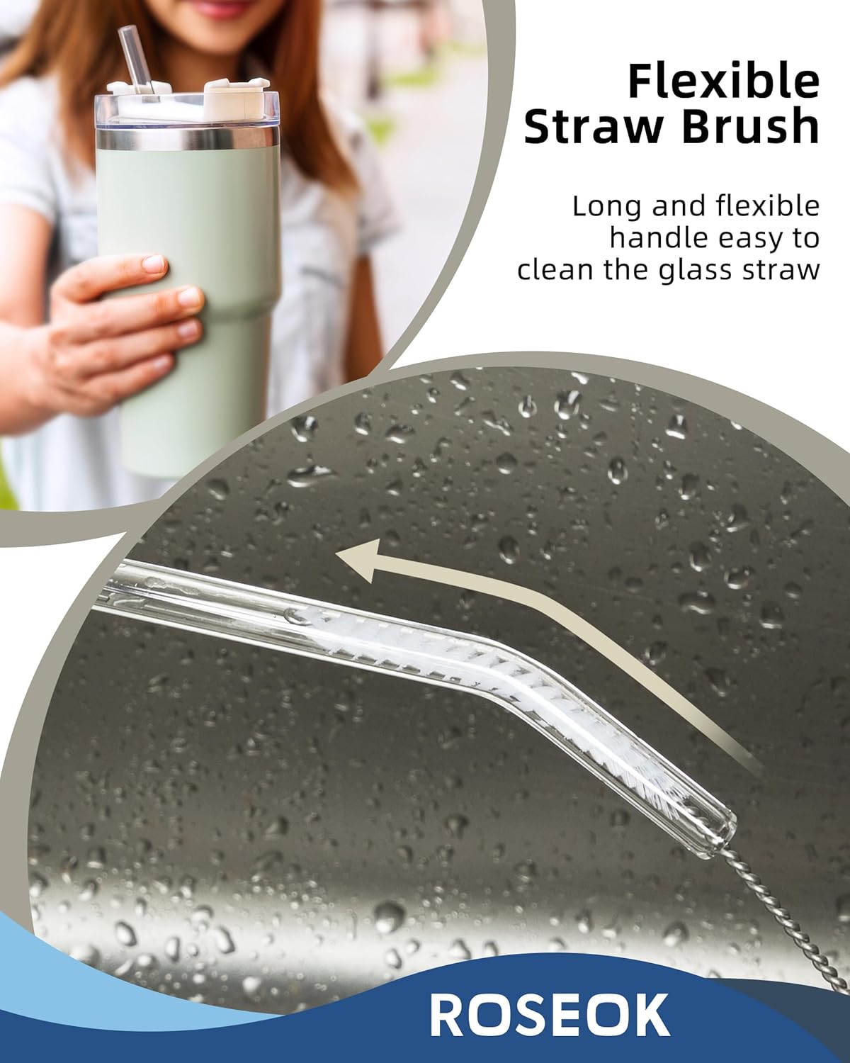 ROSEOK 2 in 1 Long Handle Bottle Brush with Straw Brush for Cleaning Glass, Sports Bottle, Coffee Mug,Navy Blue,1 Pack