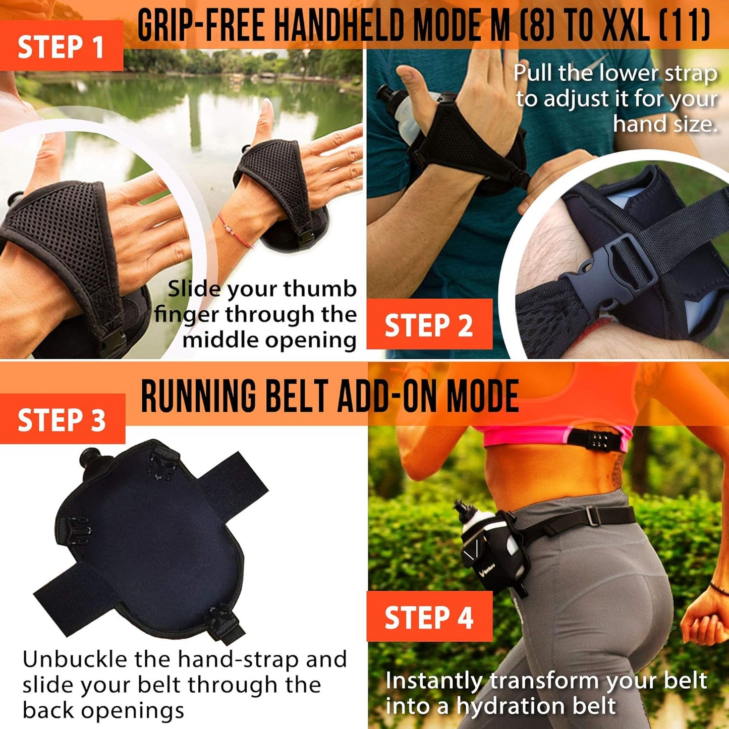 2-in-1 Running Fun: Handheld 12 Oz Water Bottle & Running Belt Add-On. No-Grip Design Straps on Hand & Slides on Belt. Waterproof Pocket for Money, Keys. Maximize Time, Freedom & Health