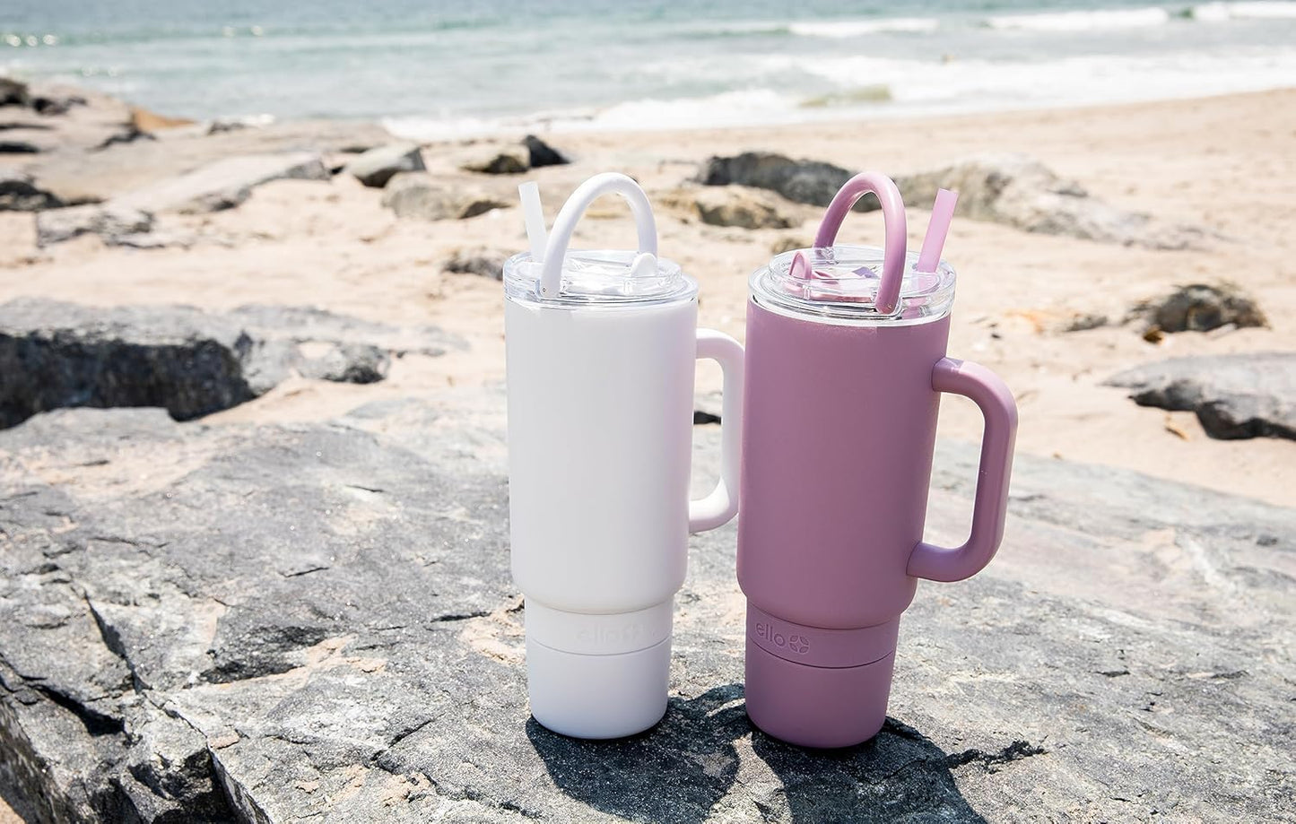 Ello Port 40oz Tumbler with Carry Loop & Integrated Handle, Vacuum Insulated Stainless Steel Reusable Water Bottle, Travel Mug with Leak Proof Lid & Straw, Perfect for Iced Coffee & Tea, White