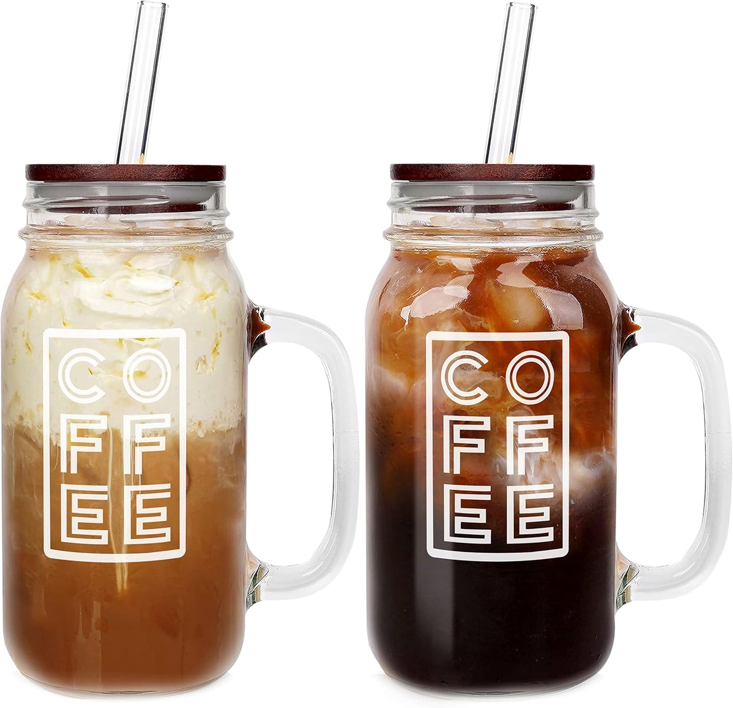 ANOTION Mason Jar Iced Coffee Cup with Lid and Straw, 24oz Regular Mouth Mason Jars with Handle Glass Coffee Drinking Glasses Tumbler Reusable Cups Bottles for Iced Coffee Cups for Travel Office Home