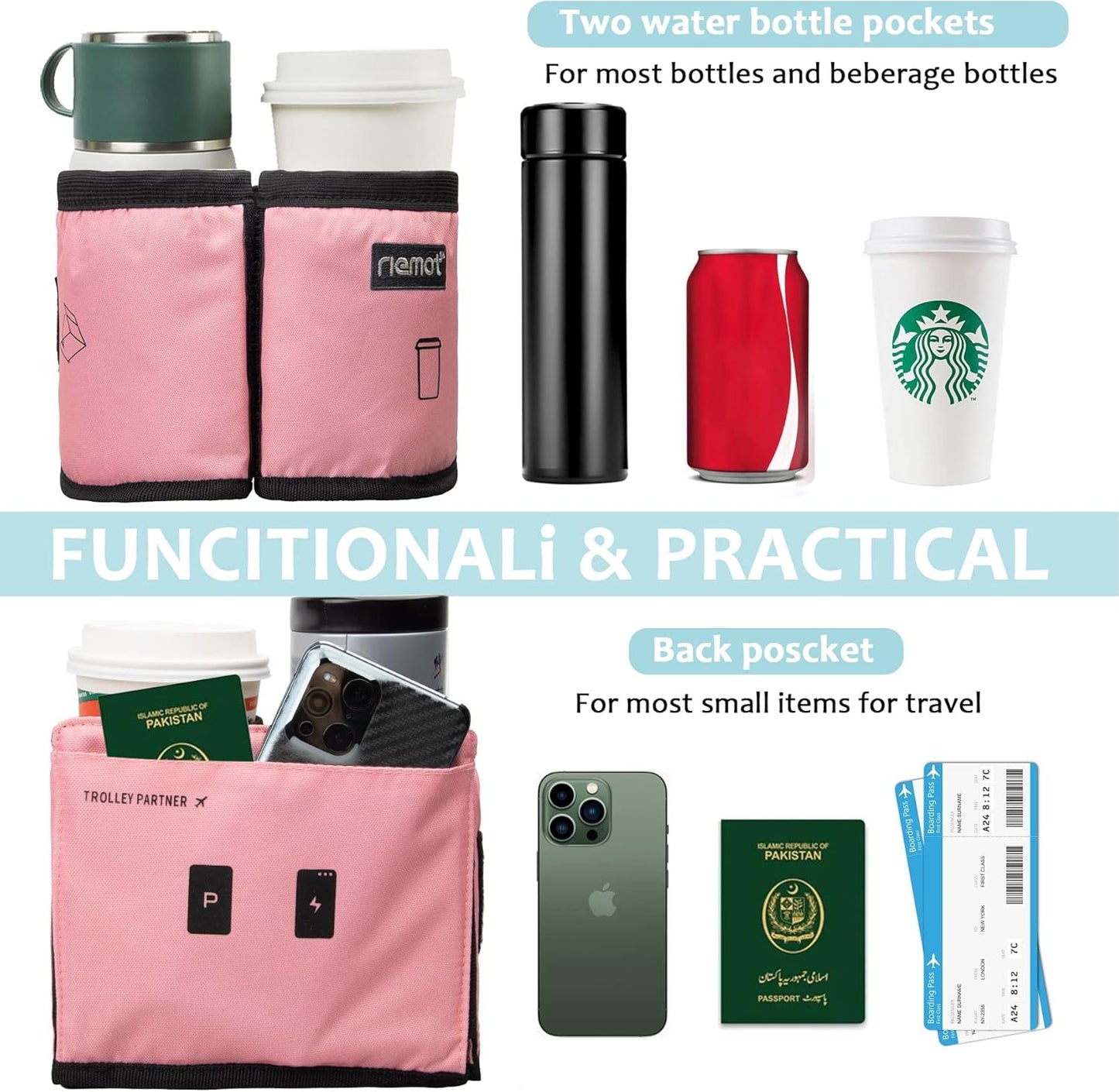 riemot Luggage Travel Cup Holder Free Hand Drink Caddy - Hold Two Coffee Mugs - Fits Roll on Most Suitcase Handles - Gifts for Flight Attendants &Frequent Travelers Accessories Black