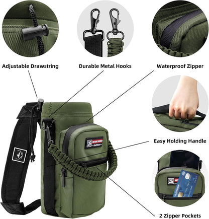 NATURE PIONEOR Water Bottle Holder with Adjustable Strap - 26/32/36/40/46/64oz Insulated Water Bottle Sling Carrier with Paracord Handle & 2 Pockets, Outdoor Sports, Hiking, Camping, Gym