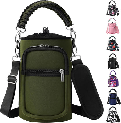 AceTreker 32/40/64/128 oz Neoprene Insulated Water Bottle Carrier Bag, Sling Bag Sleeve Pouch Holder with Strap & Paracord Handle and 2 Pocket for Travelling, Hiking, Camping