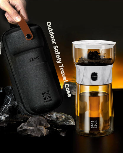 ZENS Modern Glass Infuser Teapot, One Touch Tea Maker for Loose Leaf Tea with Insulated Mug and Portable Case. Enchanted Pot Alternatives for Tea Lover Gifts