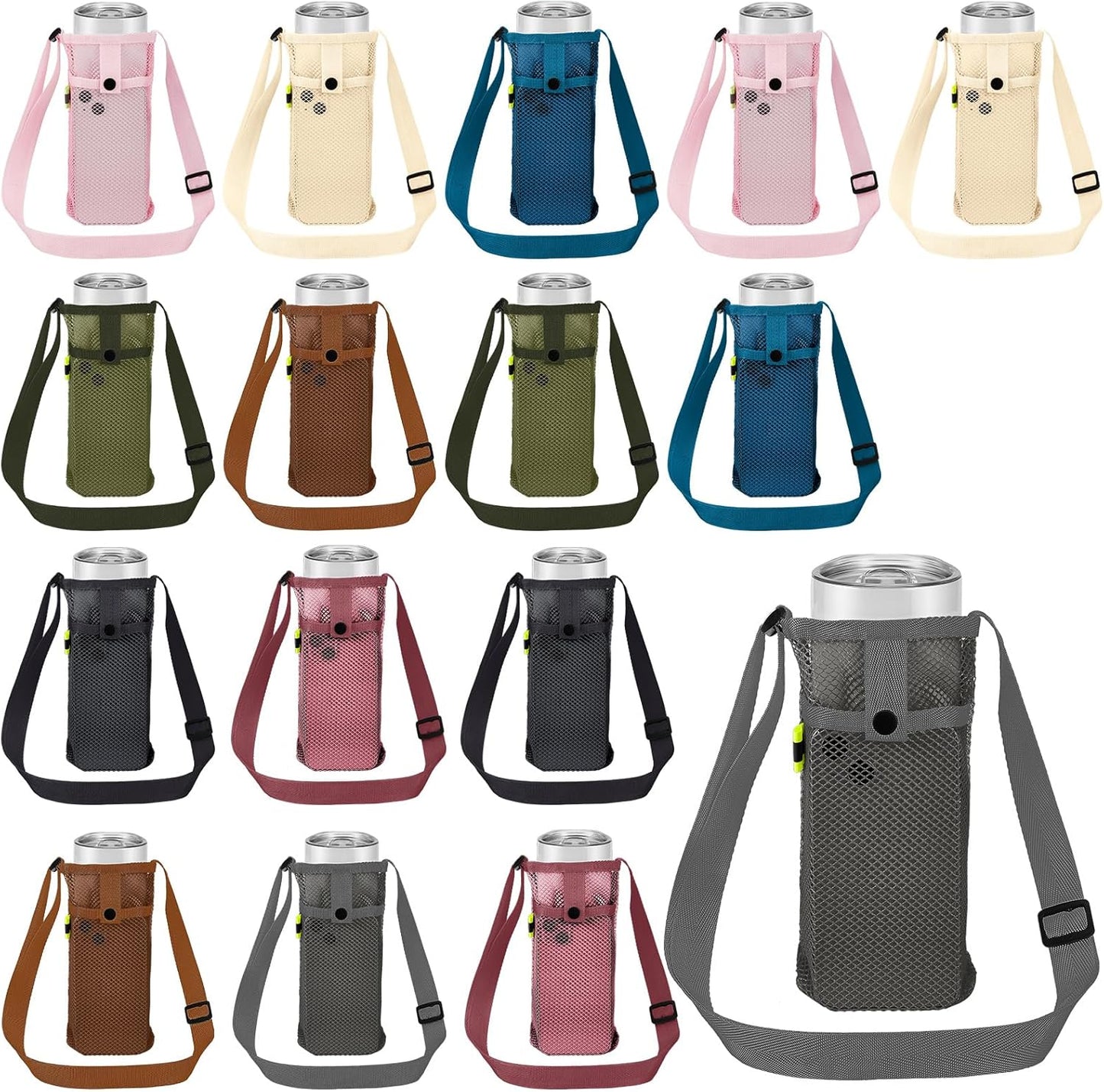 Mumufy Mesh Water Bottle Sling Holder with Adjustable Strap Crossbody Bottle Sleeve Carrier with Pouch for Outdoor Activities