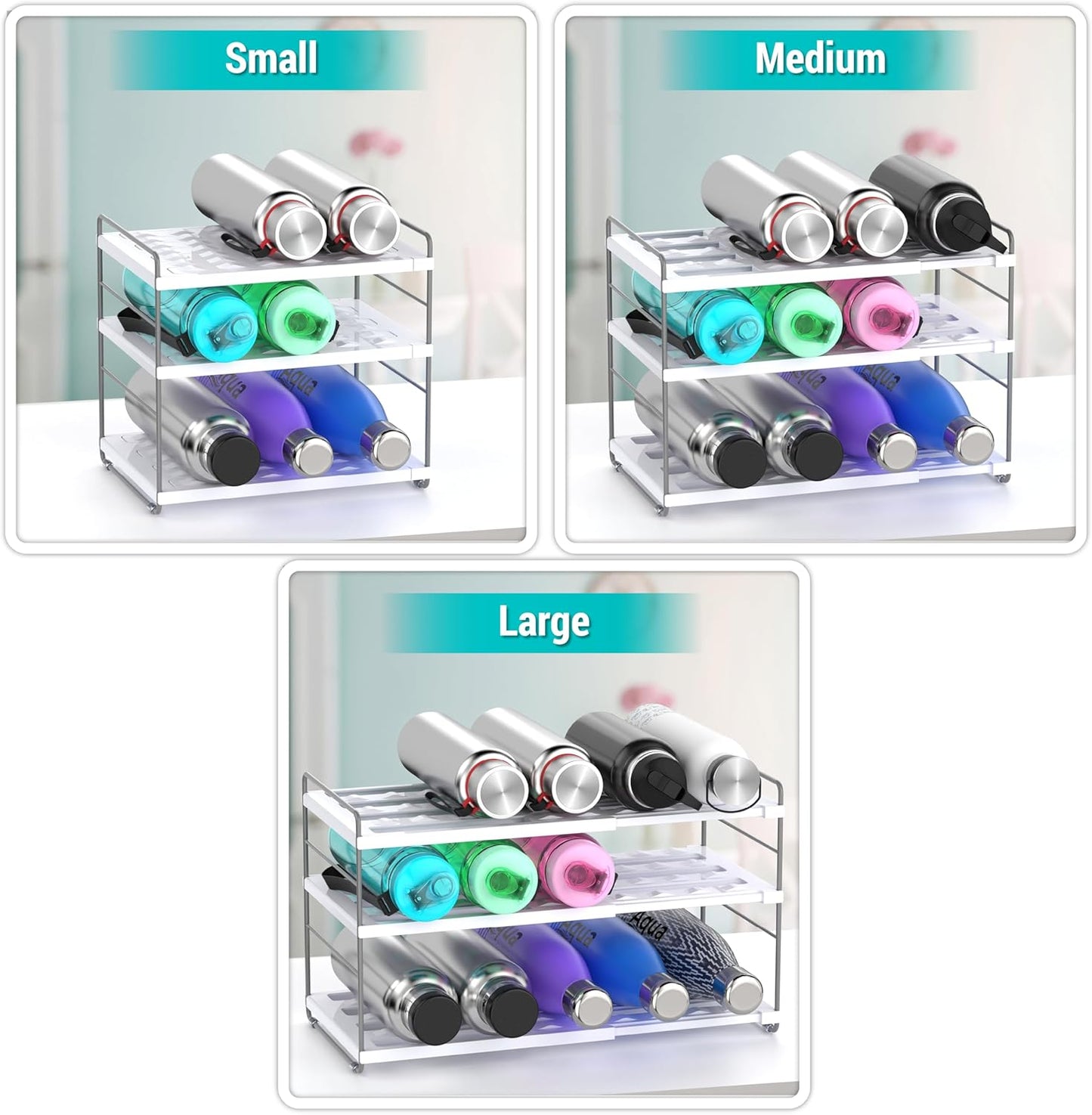 YAN & HIN Expandable Water Bottle Organizer for Cabinet, 3 Tier Tumbler Organizer, Adjustable Bottle Holder, Kitchen Pantry Storage Rack