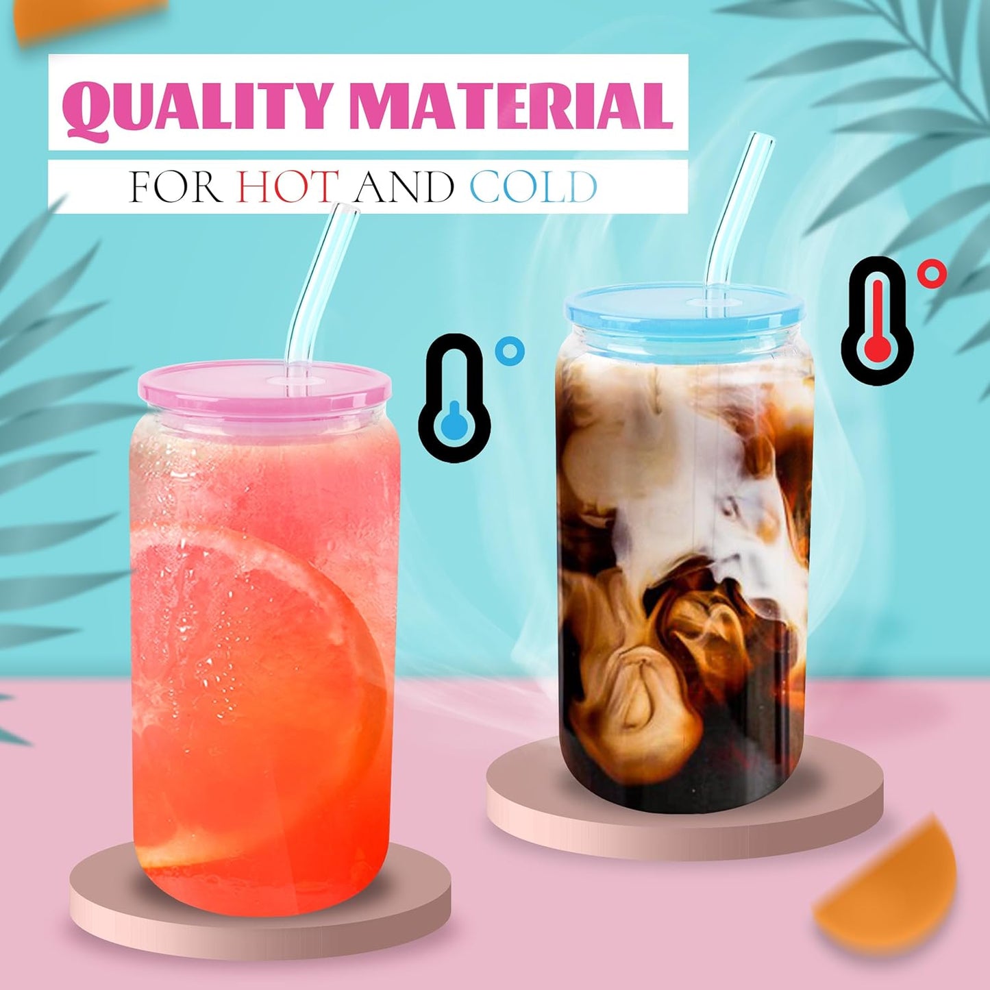 Joyclub 8pcs 16 oz Glass Cups with Acrylic Lids and Straws Can Shaped Iced Coffee Glasses Cute Tumbler Set Drinking Jars for Smoothie Soda Boba Beer Party Housewarming Gifts
