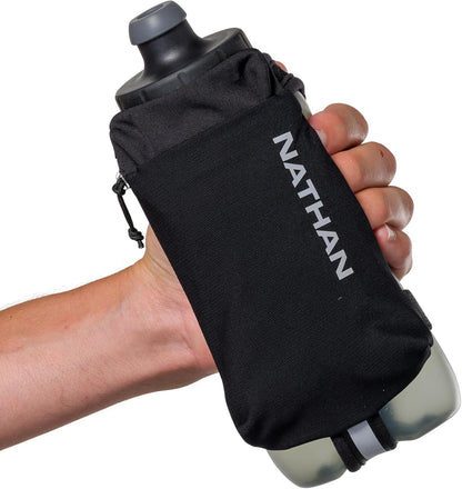 Nathan SpeedDraw 2 Insulated Handheld Running Water Bottle Flask 18oz – Double-Wall Insulation, Ergonomic Grip, Blast Valve Cap, Phone & Key Storage Pockets, Reflective Design